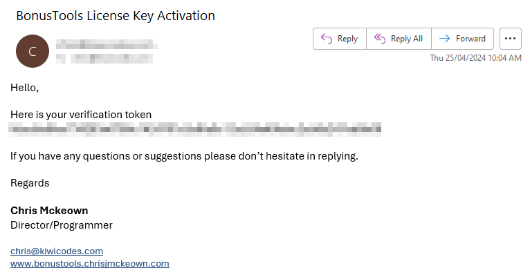 Verification token email