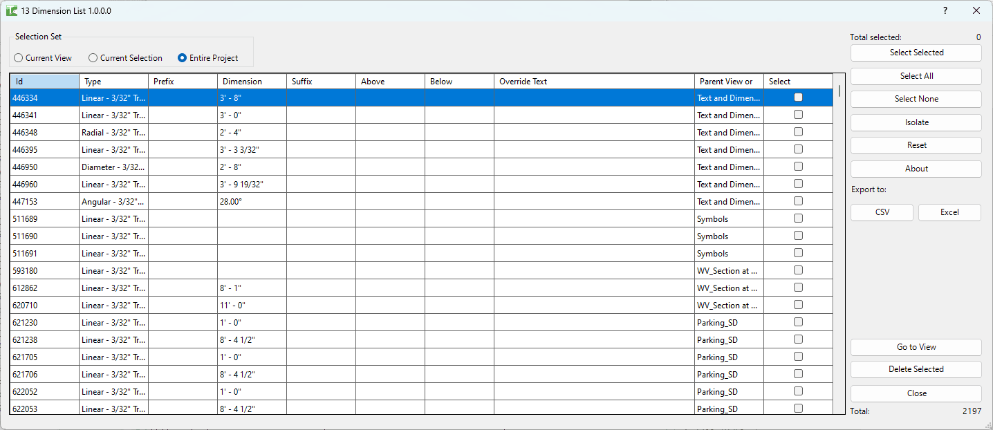 013 Dimensions List