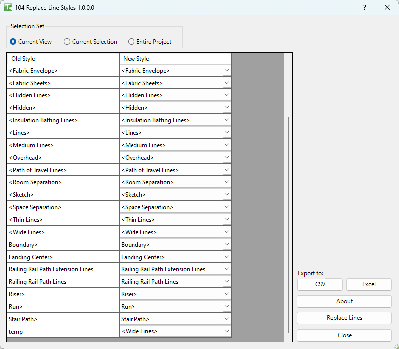 104 Replace Line Styles dialog — source-to-target mapping grid
