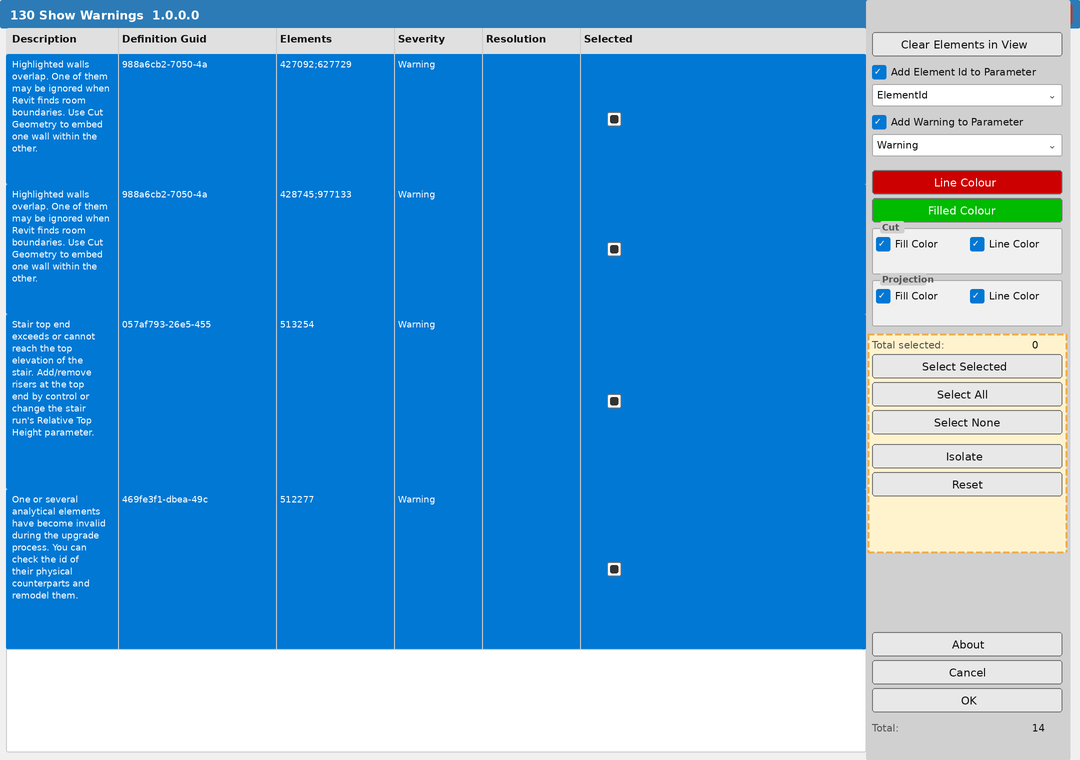 All rows selected with selection buttons highlighted