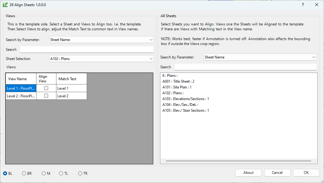 039 Align Sheets — main dialog