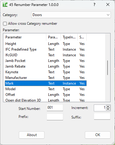 045 Renumber Parameter — main dialog