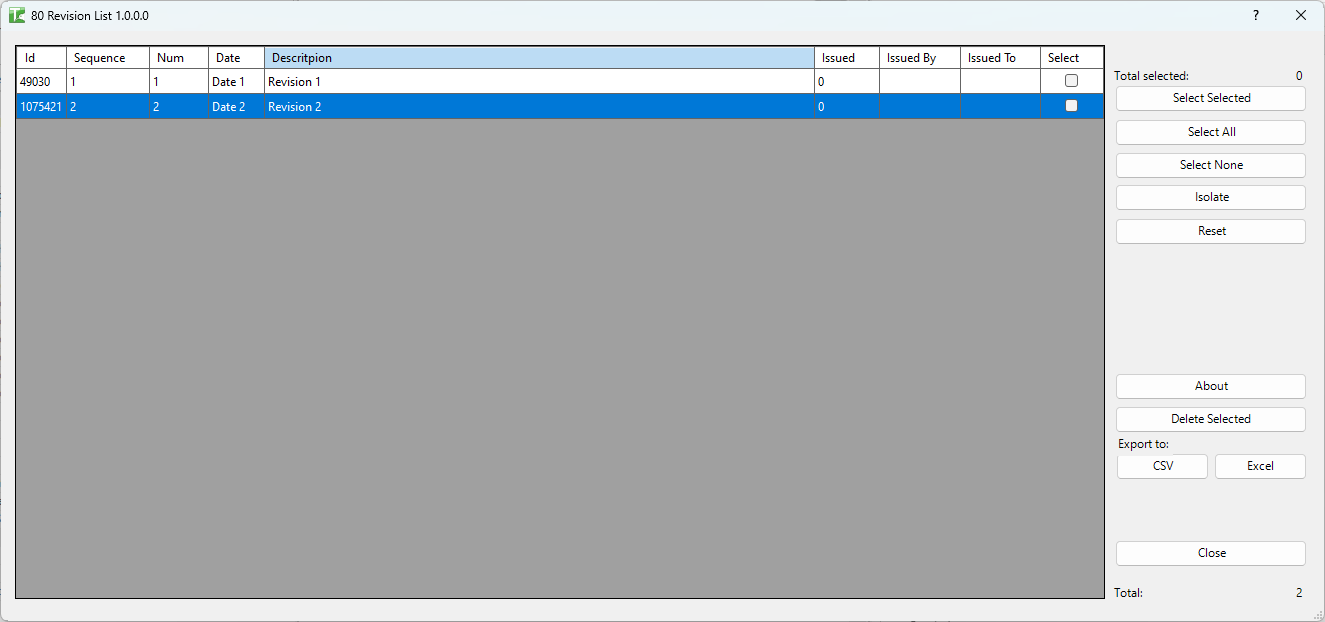 080 Revision List — main dialog