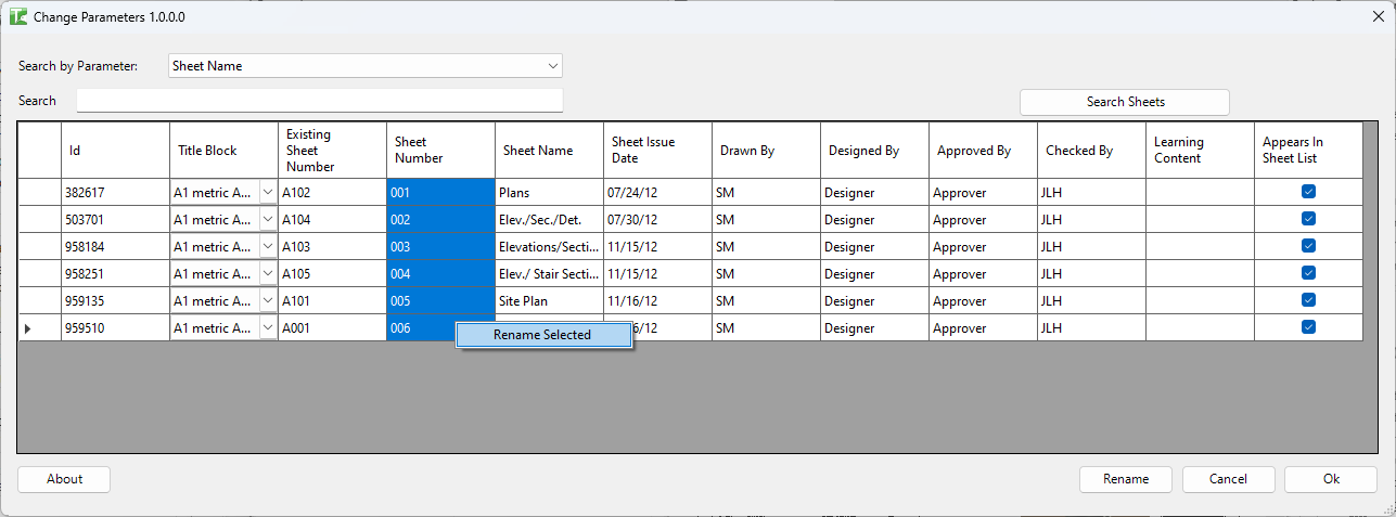 086 Rename Number Sheets — main dialog