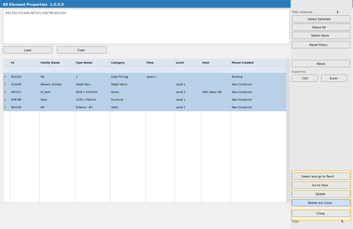 Selection buttons highlighted with all rows checked