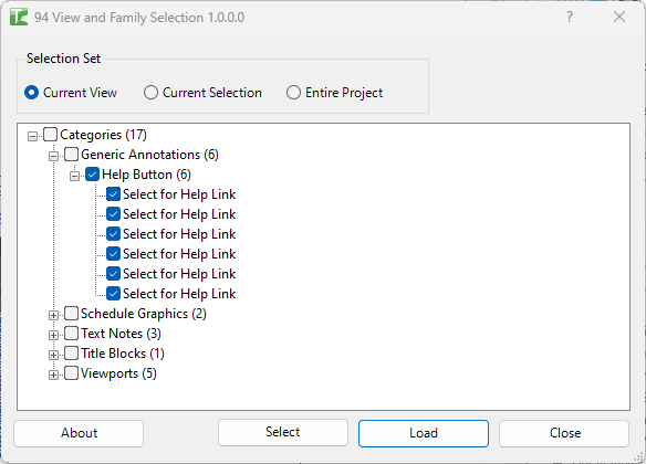94 View And Family Selection dialog — tree with categories, families, and types