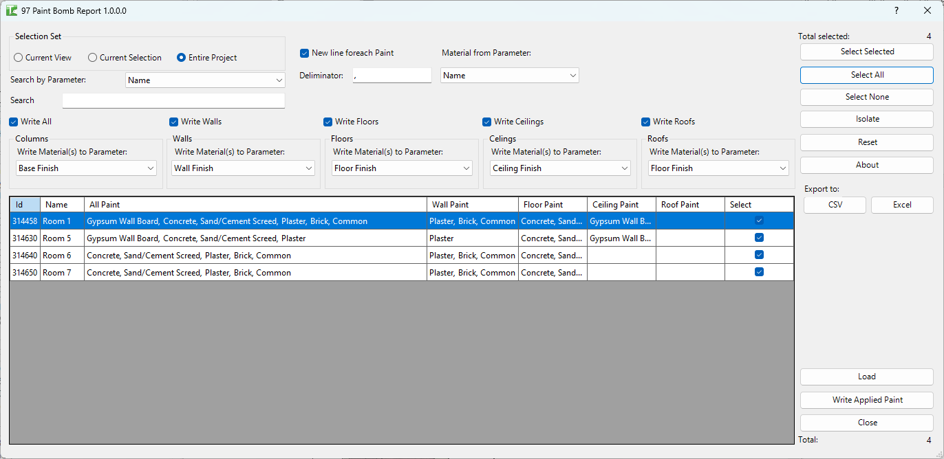 97 Room Paint Report dialog — room grid and configuration panel